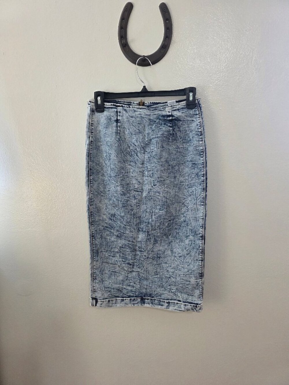 Vintage Retro Blue Acid Wash Denim Pencil Midi Skirt Zip Back High Waist